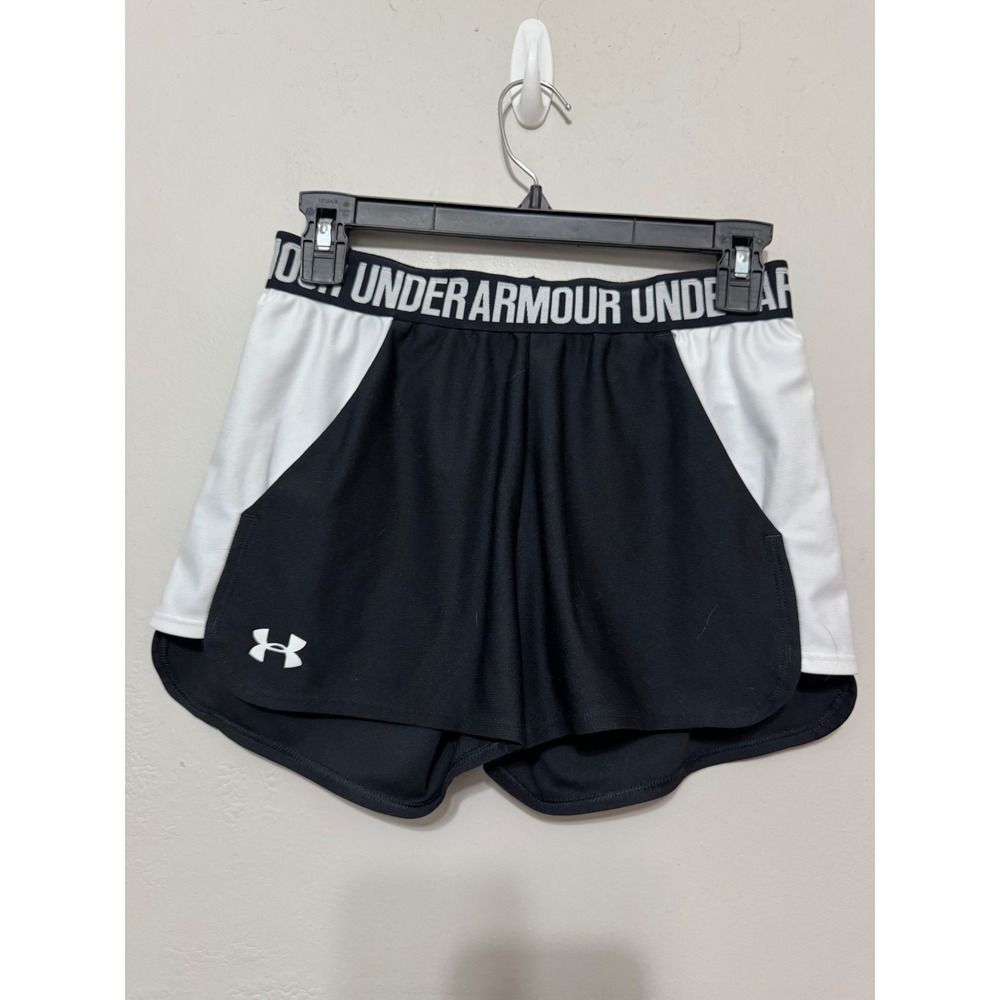 Under Armour Womens HeatGear Athletic Shorts Black White Logo XS Loose Fit